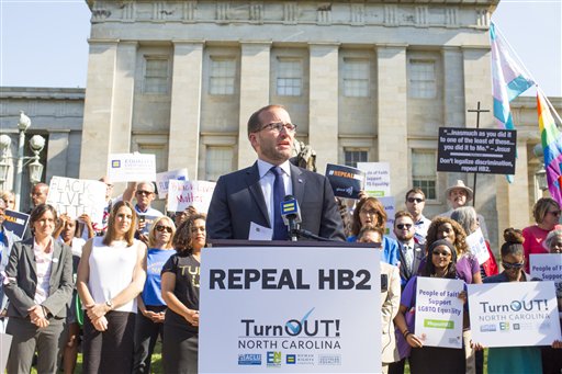 IMAGE DISTRIBUTED FOR HUMAN RIGHTS CAMPAIGN - Chad Griffin, president of Human Rights Campaign, speaks at a press conference during TurnOUT! NC, a joint project to mobilize LGBT and pro-equality North Carolinians to deliver tens of thousands of signatures calling for the repeal of House Bill 2 to the office of Gov. Pat McCrory Monday, April 25, 2016 at the old state capitol building in Raleigh, NC. (Jason E. Miczek/AP Images for Human Rights Campaign)