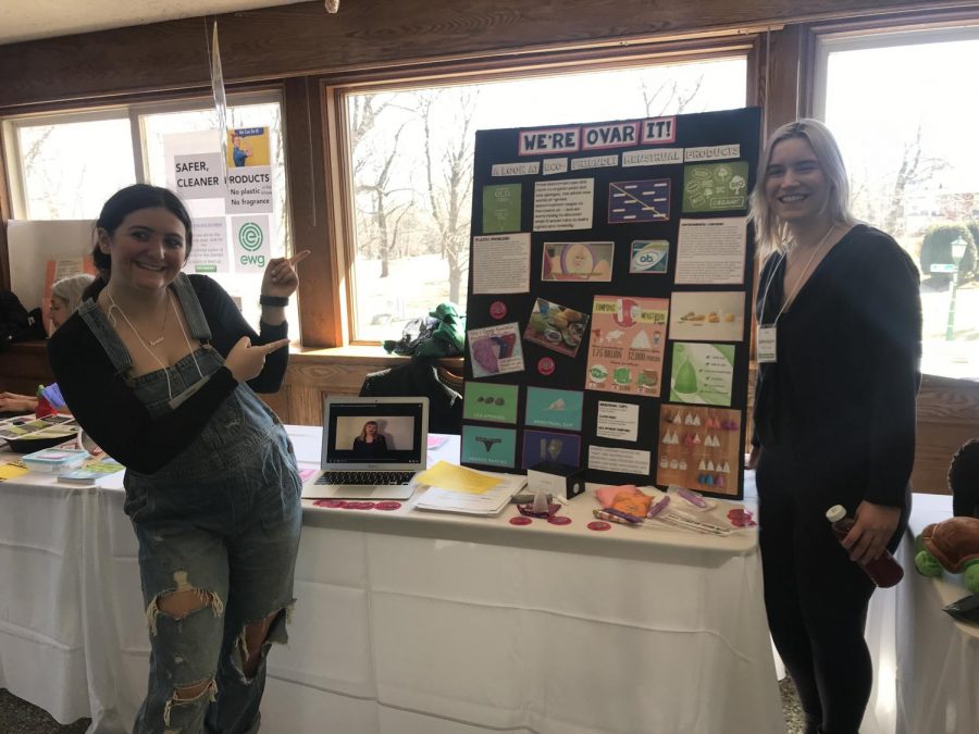 Seniors Sonia Holstein (left) and Colleen Angarone (right) present their collaborative project 
