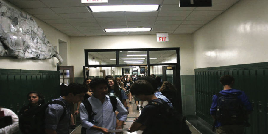 Students congregate in the hallways during passing periods