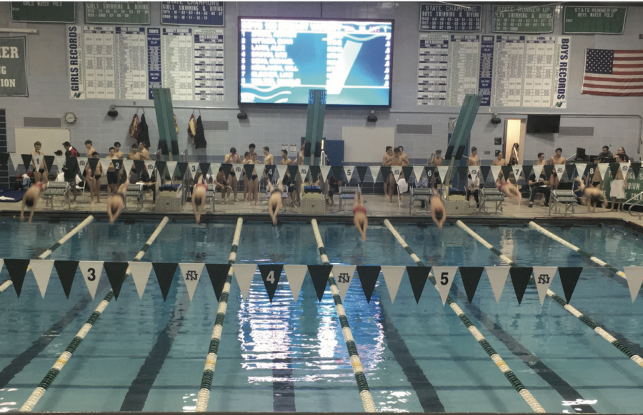 The swimmers begin the 100-yard varsity breaststroke race, which was won by sophomore Sam Brown
