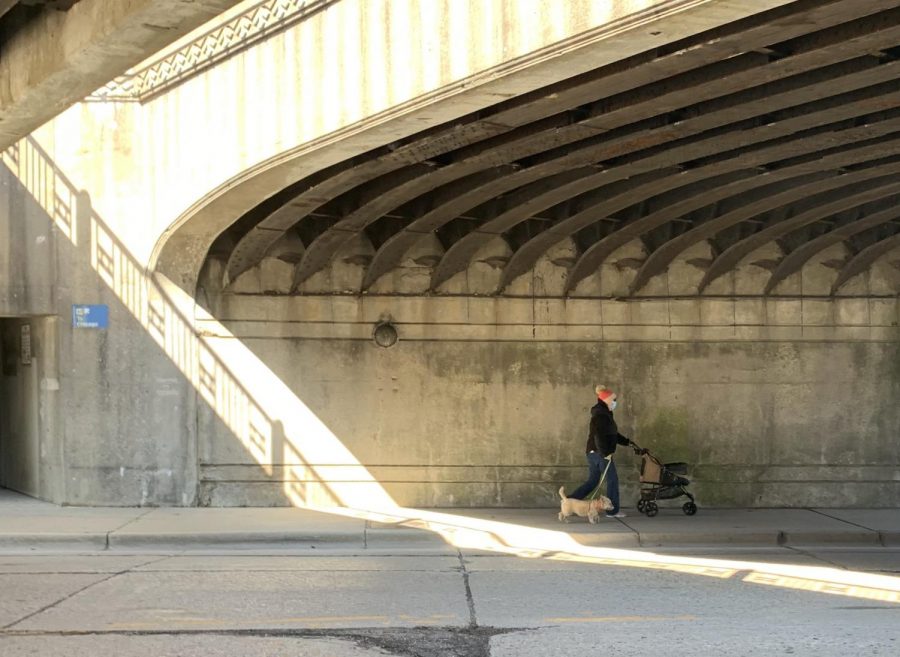 A woman in a mask walks her dog under the bridge on Winnetka Avenue