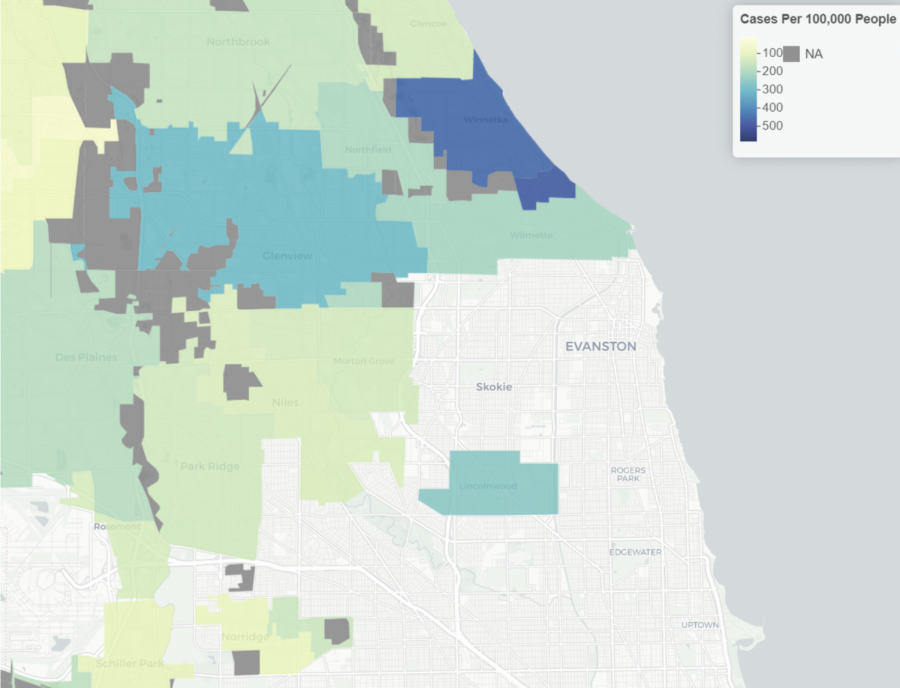The COVID-19 rates map provided by the Cook County Department of Public Health as of 4/8