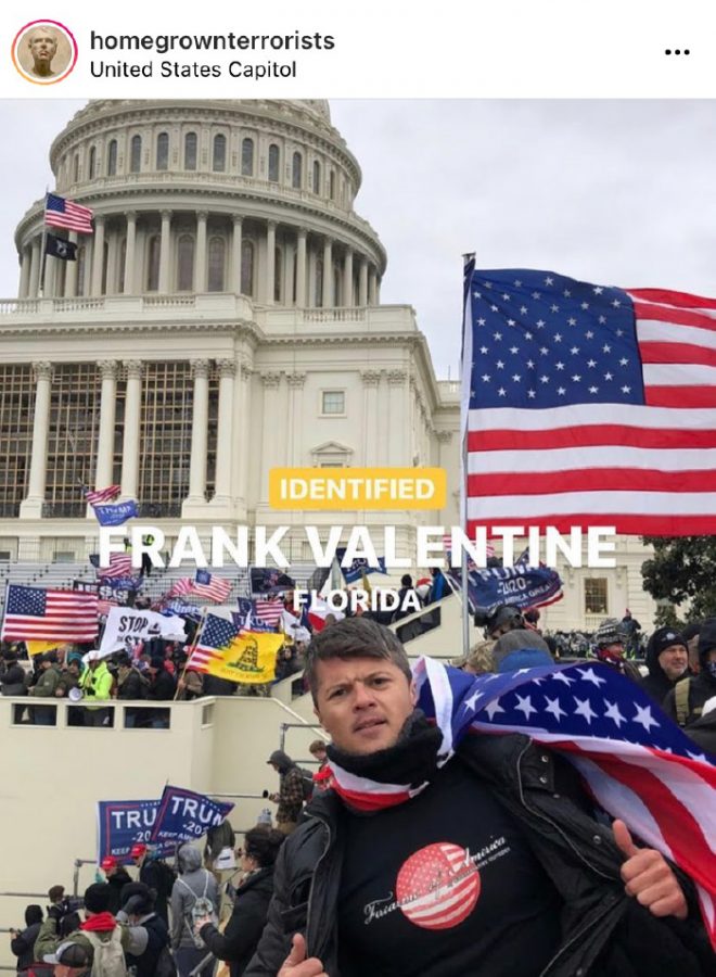 The Jan. 16 post from @homegrownterrorists announced the identification of Frank Valentine, who participated in the insurrection. Other slides of the post include Valentine’s Instagram page and a video of him on the day of the attempted coup