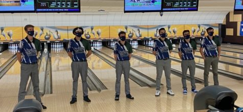 Socially-distanced, the 6 bowlers involved in breaking the record strike a pose. From left: senior Max Blake, senior Nick Henner, senior Matt Booden, senior Sam Wolf, senior David Gormanous, and senior Jack Eadie