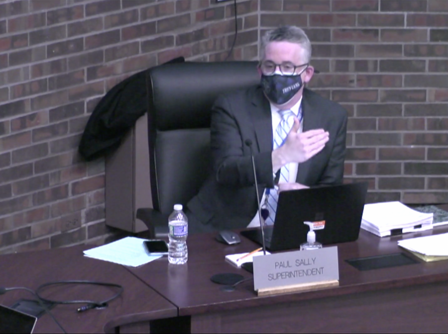 Superintendent Paul Sally answers questions about the logistics of the new four day option during the board meeting on Feb. 16