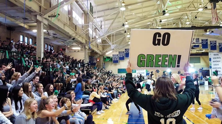Students celebrate at a New Trier pep rally, 2019