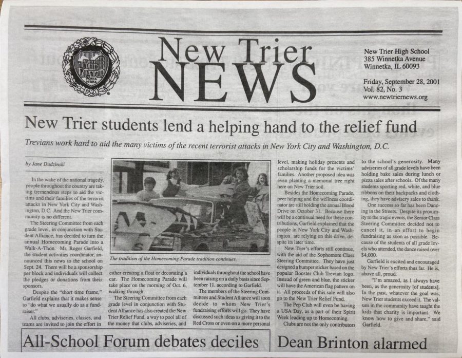 Front page of the New Trier News newspaper on September 28, 2001