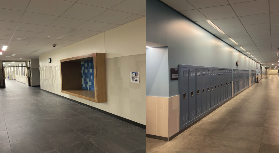 Some halls’ lockers have been removed (left) while others are still filled with mostly empty lockers (right).