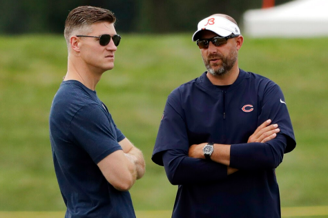 Matt Nagy (right) and Ryan Pace (left), who were both fired on January 10, at Bears practice in July 2019