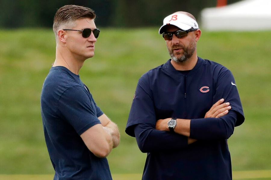 Matt+Nagy+%28right%29+and+Ryan+Pace+%28left%29%2C+who+were+both+fired+on+January+10%2C+at+Bears+practice+in+July+2019