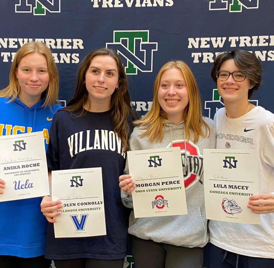 Anika+Roche%2C+Carolyn+Connolly%2C+Morgan+Perce%2C+and+Lula+Macy+holding+their+letters+of+intent+for+their+respective+colleges