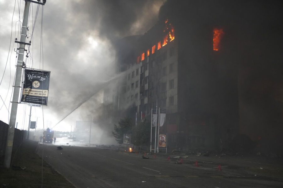 Firefighters+hose+down+a+burning+building+after+bombing+in+Kyiv%2C+Ukraine%2C+Thursday%2C+March+3%2C+2022.+Russian+forces+have+seized+a+strategic+Ukrainian+seaport+and+besieged+another.+Those+moves+are+part+of+efforts+to+cut+the+country+off+from+its+coastline+even+as+Moscow+said+Thursday+it+was+ready+for+talks+to+end+the+fighting.+%28AP+Photo%2FEfrem+Lukatsky%29