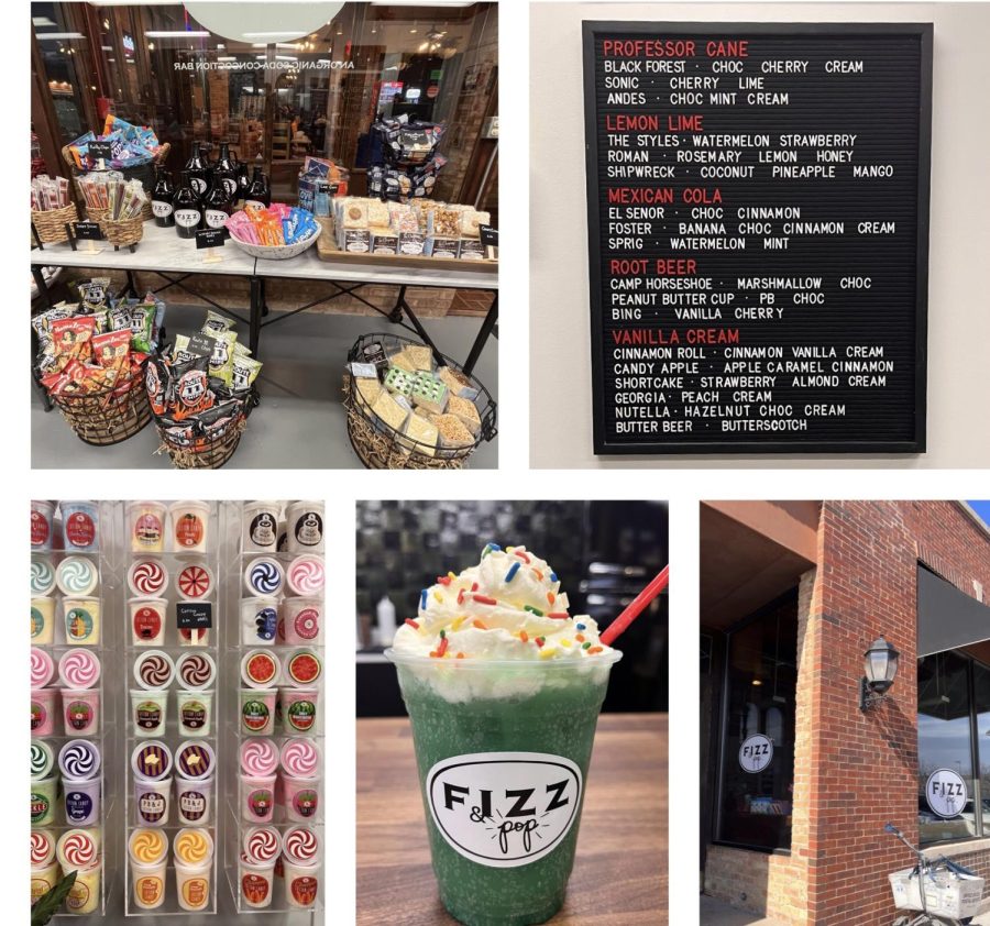 Fizz & Pop serves all kinds of candies and treats including sodas, cotton candy (bottom left corner),  crispie cakes, and chips