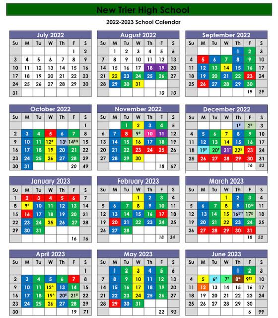 The 2022-2023 school calendar showing the yellow Anchor Days. The new day was added on Wednesdays where all periods meet for 35 minutes