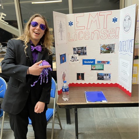 Denberg at the Senior Project Exhibition on May 18, sharing how she researched and prepared for the EMT certification exam