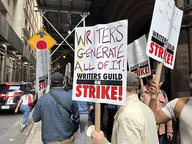 Picket line formed by writers outside a production set in New York