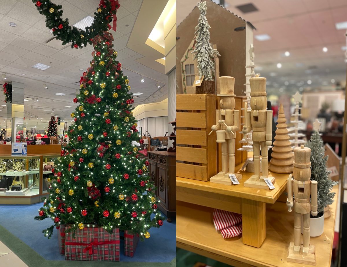 Left: A colorful Christmas tree display in Von Maur in the Glen exudes joy and represents the nostalgic Christmas aesthetic.
Right: Also at Von Maur, a miserable display of wooden beige nutcracker decorations
