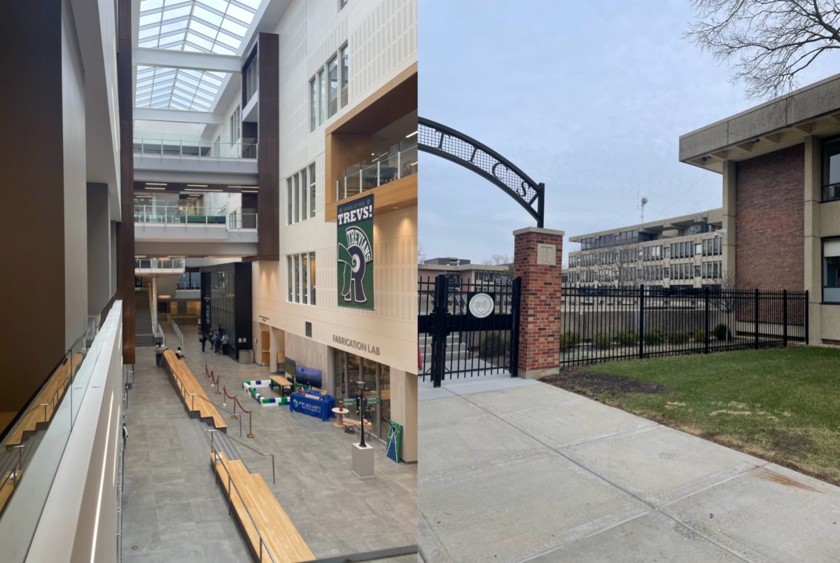 (Left) just one example of the modern and open appearance of the Winnetka campus, in comparison to a particularly gloomy section of the Northfield campus on the right