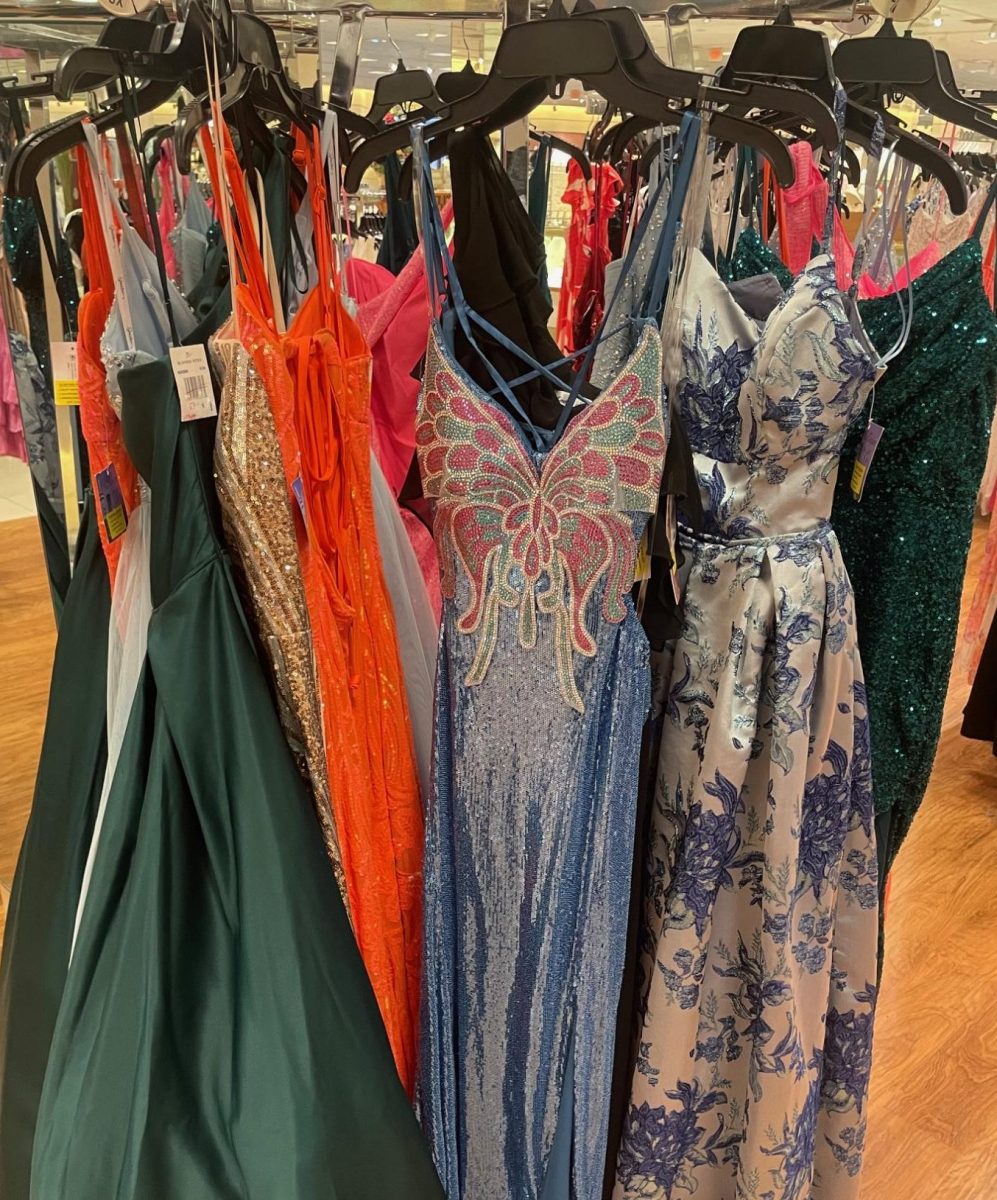 Prom dresses on display in stores in preparation for prom season.