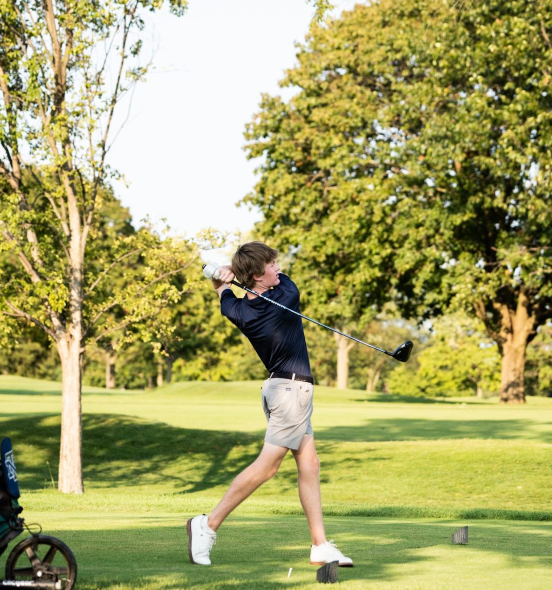 Sophomore Peter Kelly drives it off the tee in a recent match at Heritage Oaks Golf Club