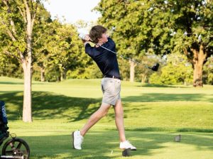 Sophomore Peter Kelly drives it off the tee in a recent match at Heritage Oaks Golf Club