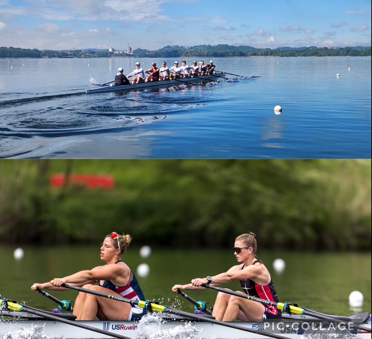 Chatain and his crew mates train for the Olympics in Italy (top). Joyce and her crew mates race at the Olympic qualification regatta (bottom)