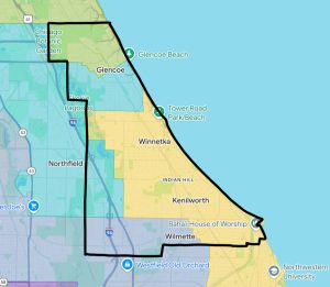 A map depicting the current boundaries for the Illinois House of Representatives in New Trier Township