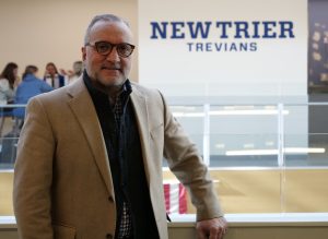 Incoming Superintendent Dr. Peter Tragos on the second floor in the concourse at New Trier's Winnetka Campus