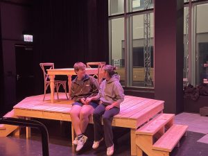 Nate Gale and Alex McElvenny (left to right) rehearse a scene of 'Our Town' in the Hayes-McCausland Theatre