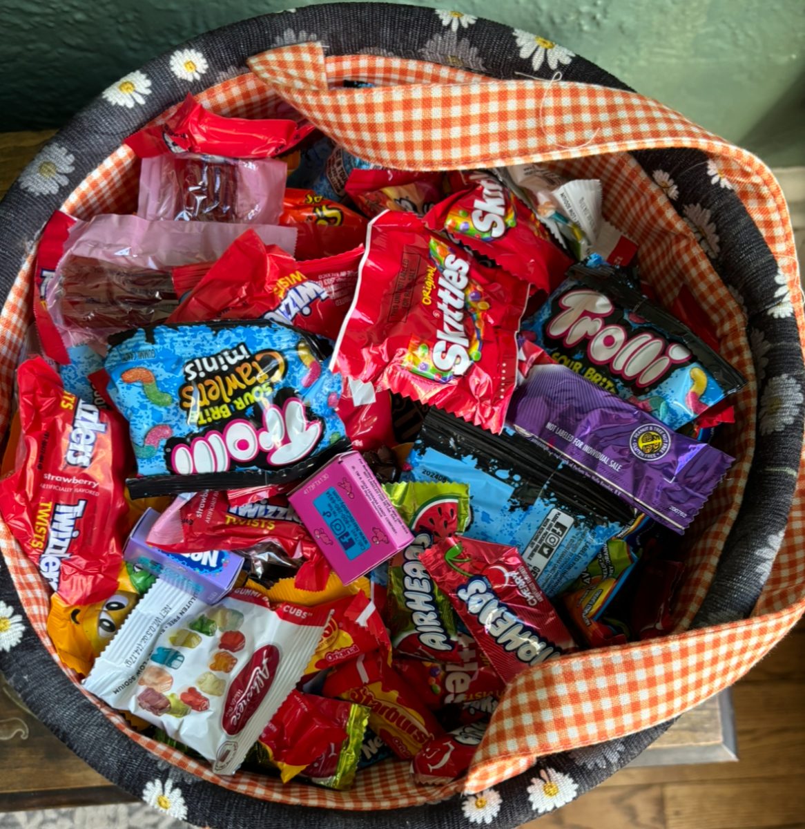 Basket of candy with a mix of chocolate and fruity candy