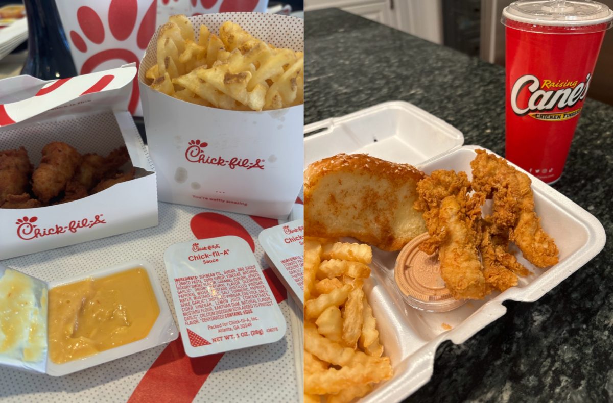 Left: A Chick-fil-A meal comprised of medium waffle fries, 8-count chicken nuggets, and a lemonade.

Right: A Cane’s ‘three finger combo’ of fries, three chicken fingers, Texas toast, and a lemonade.