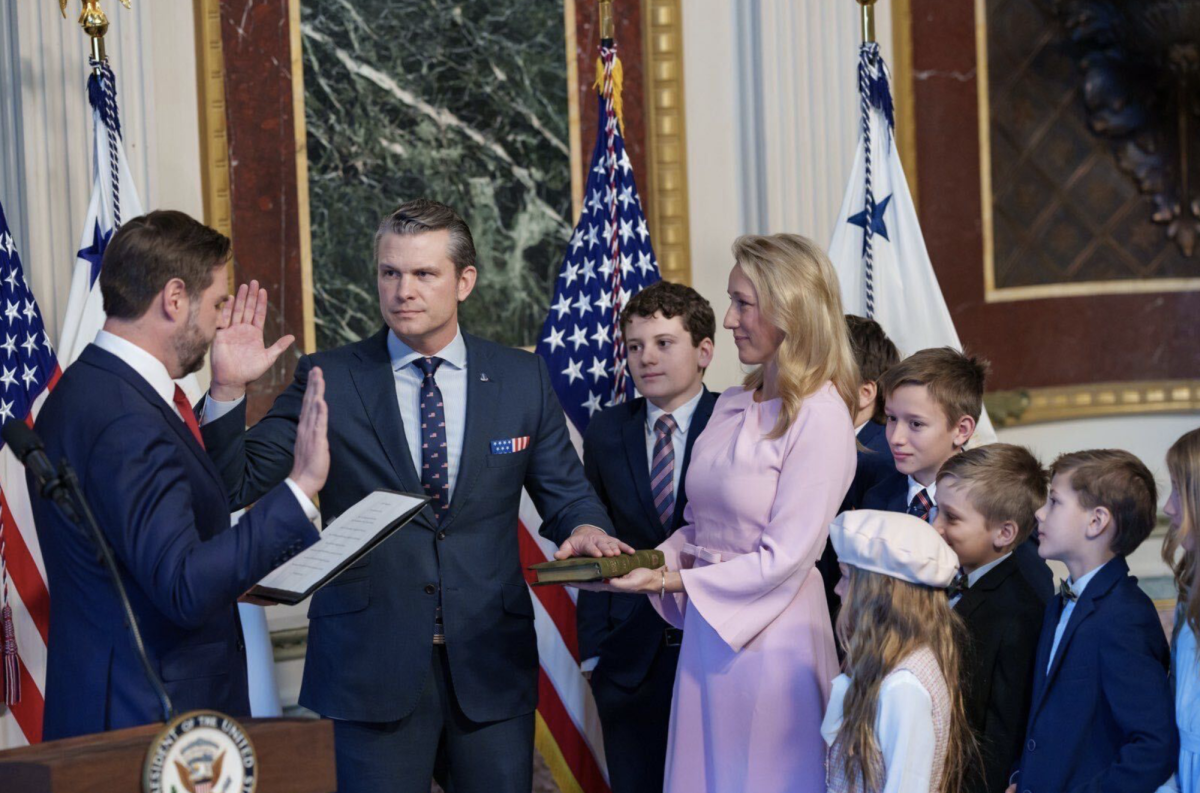 Vice President JD Vance swears Pete Hegseth in as secretary of defense on Jan.  25 alongside his wife and children