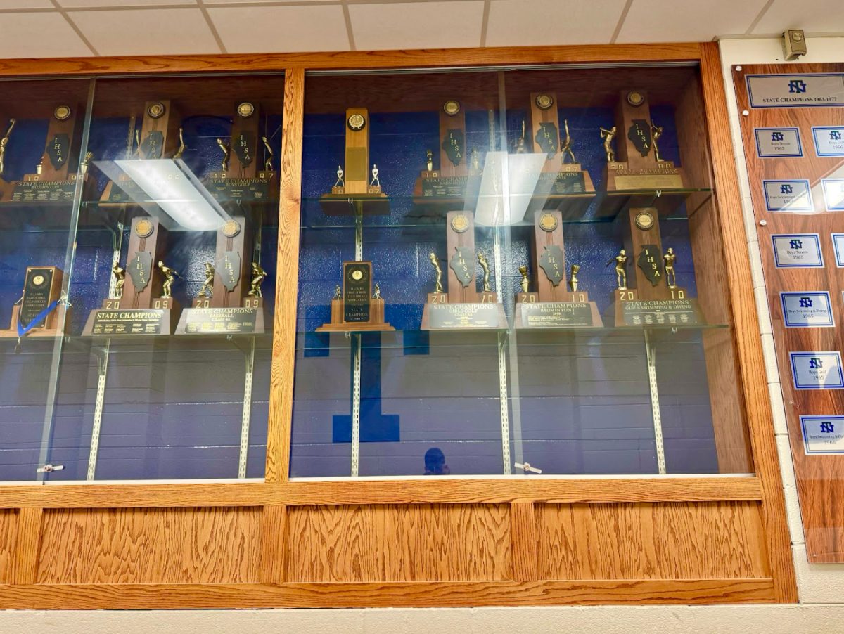 Some of the many state trophies New Trier has acquired over the years