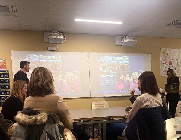 Christopher Mitchell and Denise Dubravec speak to members of New Trier Parents' Association