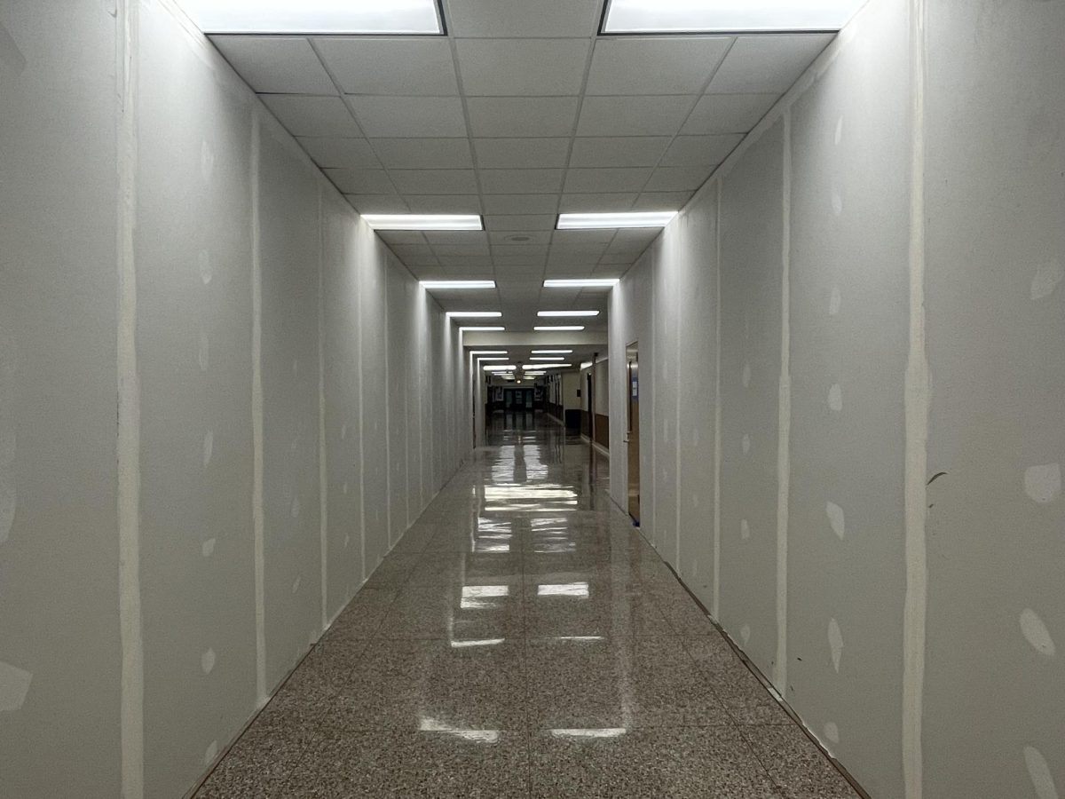 Drywall covers old administrative offices on the second floor