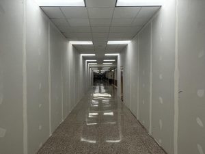 Drywall covers old administrative offices on the second floor