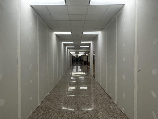 Drywall covers old administrative offices on the second floor