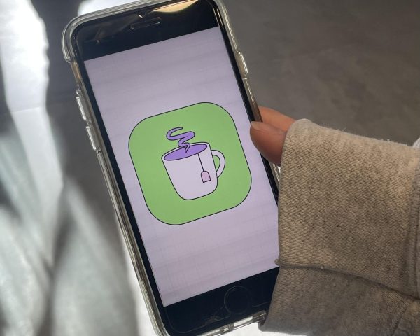 A student views the Tea app’s logo on a phone